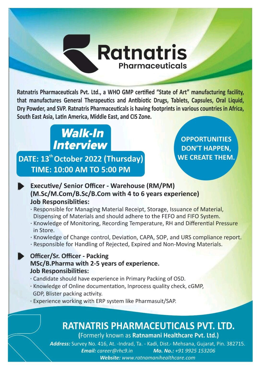 Job Available's for Ratnatris Pharmaceuticals Pvt Ltd Walk-In Interview for MSc/ M Com/ BSc/ B Com/ B Pharm