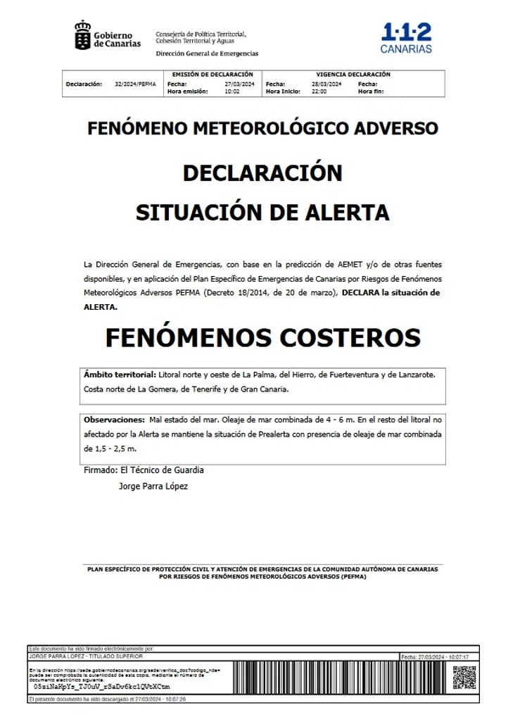 Acceda a la declaración de Alerta (Gobierno de Canarias).