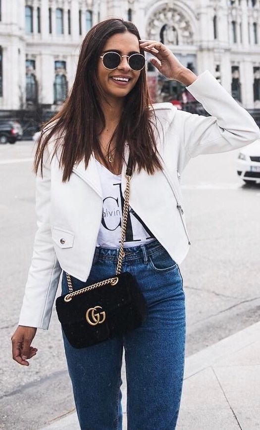 great outfit idea: white leather jacket + tee + bag + jeans