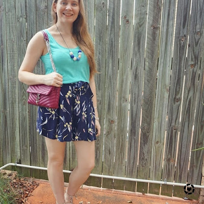 awayfromtheblue Instagram | turquoise tank with navy printed culotte shorts and magenta edie cross body bag