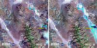 The left image, captured by a satellite in October 2014, shows Death Valley's Badwater Basin during a year with normal precipitation. The right image, taken earlier this month, shows the recent severe flooding in the region. (Image credit: USGS-NASA)  Click to Enlarge.