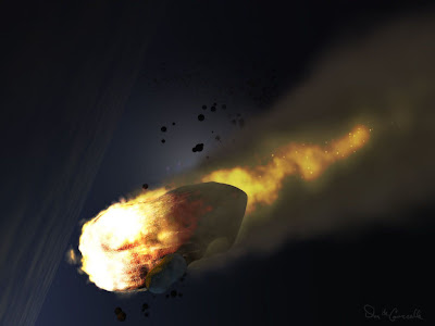 Asteroide penetrando na atmosfera, reconstituição artística