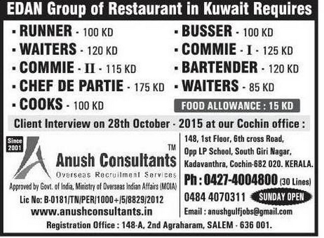 EDAN Group of Restaurant Kuwait large job vacancies