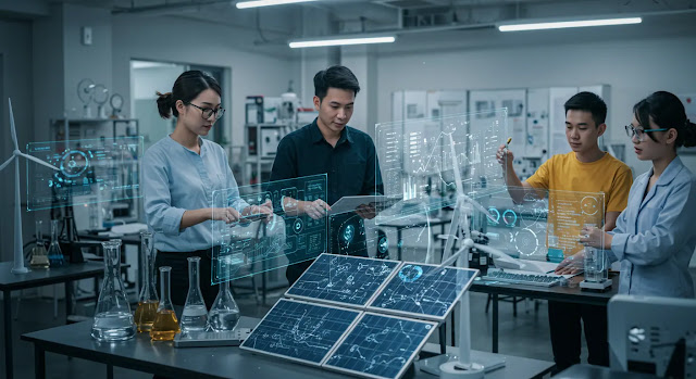 Emprendedores que desarrollan soluciones de energía renovable: Un equipo de jóvenes innovadores en un laboratorio de alta tecnología trabaja con paneles solares, turbinas eólicas o baterías de bajo consumo. Están probando y diseñando soluciones energéticas sostenibles futuristas con planos holográficos y análisis de datos en pantallas.