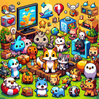 gambar ilustrasi dunia Pixels dengan berbagai karakter, hewan peliharaan, dan item NFT