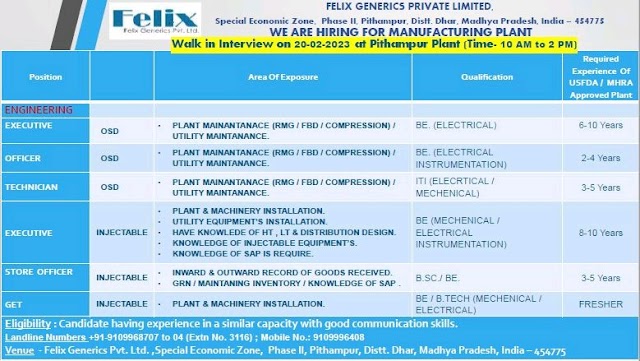 Felix Generics | Walk-In Interview for QC, QA & Engineering on 20th & 21st February 2023