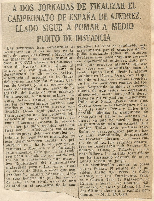 Recorte del Diario de Barcelona sobre el Campeonato de España de Ajedrez de 1962