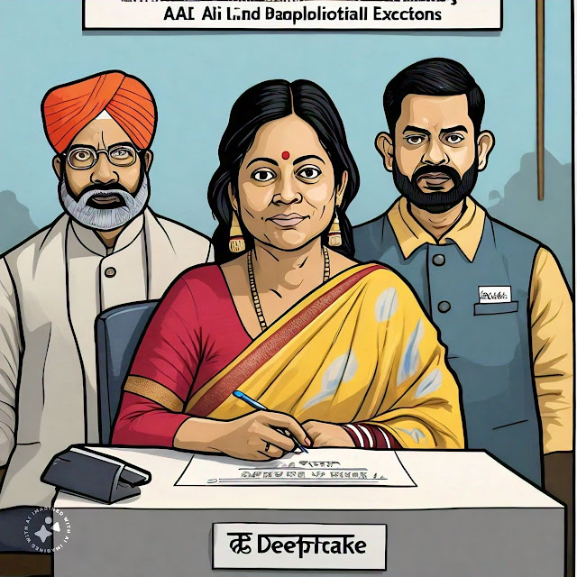 mage representing the influence of Artificial Intelligence and Deepfake technology on India's parliamentary elections, highlighting the need for awareness and critical thinking in the digital age