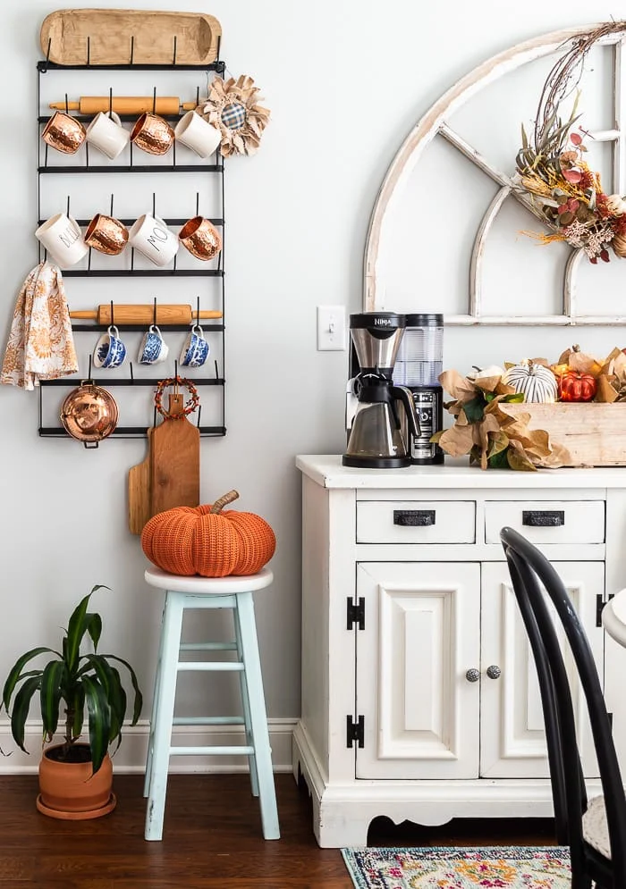 pumpkin, stool, mug rack, copper mugs