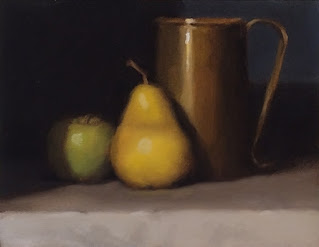 Still life oil painting of a pear beside a brass fire starter and a green apple