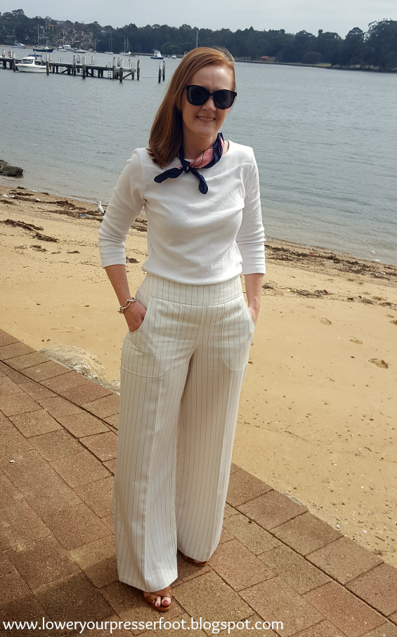 white wide leg pants Burda 10/2016 #113 www.loweryourpresserfoot.blogspot.com