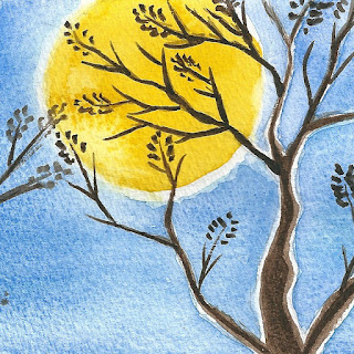 Moonlight tree silhouette watercolor painting