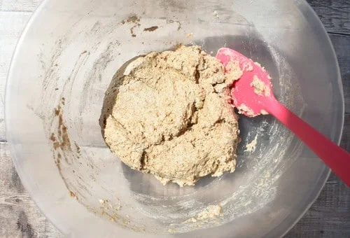 Wholemeal Beer Bread - STEP SIX - The dough mixed with a pink spatula in the mixing bowl