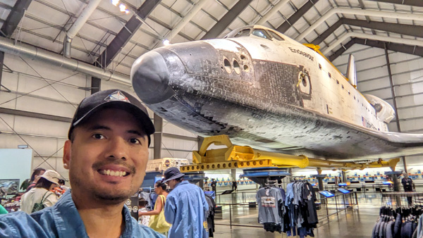 Taking a selfie with Endeavour inside the Samuel Oschin Pavilion on August 17, 2023.
