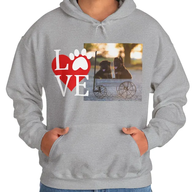 A Hoodie With Two Cute Black and Red German Shepherd Puppies Sitting on a Cart and Caption Love