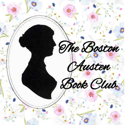 Jane Austen silhouette with white floral background and scrip that reads The Boston Austen Book Club