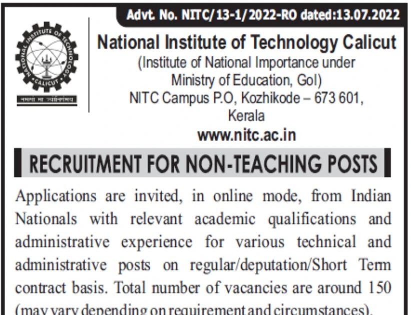 NIT Calicut Recruitment 2022 Apply Online 147 Non Faculty Vacancies