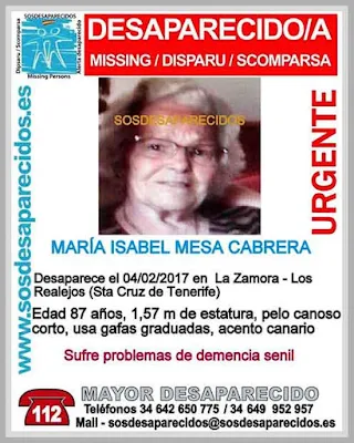 María Isabel Mesa Cabrera, una mujer de 87 años y con demencia senil desaparecida en La Zamora, Los Realejos, Tenerife