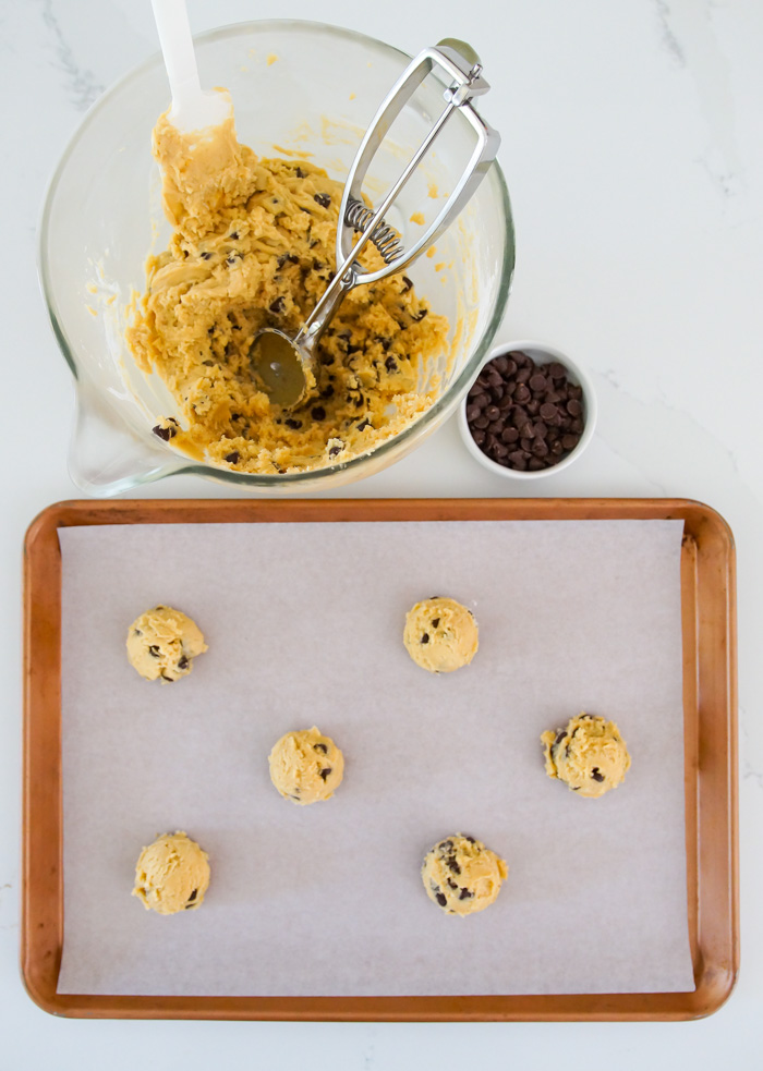 chocolate chip cookie dough bowl and scooped onto cookie sheet