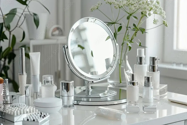 Skincare bottles organized for a skin cycling routine