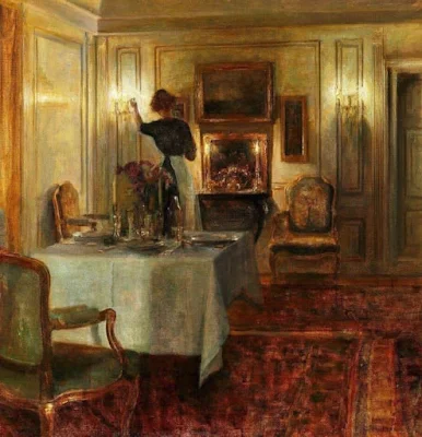 Interior with woman lighting candles painting Carl Vilhelm Holsoe