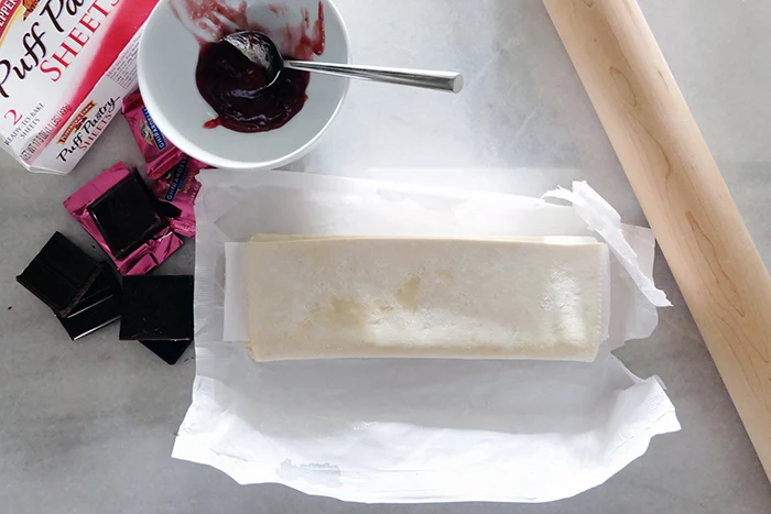 chocolate raspberry puff squares ingredients prep