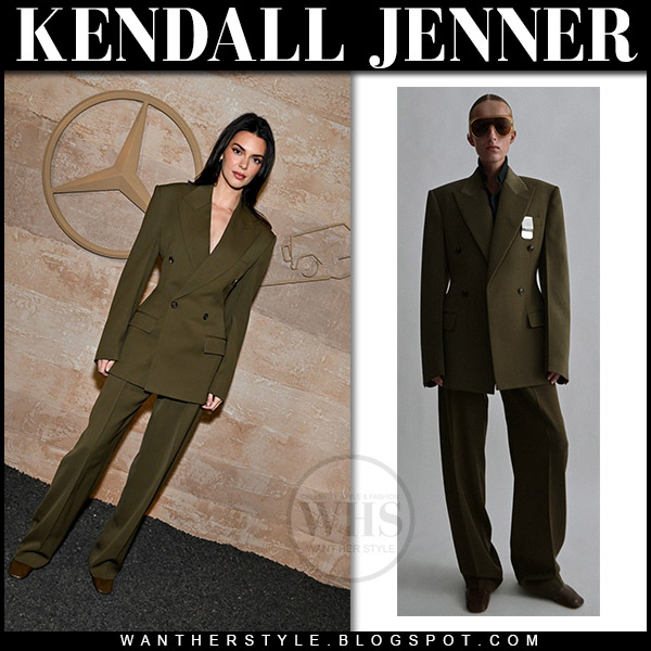 Kendall Jenner in olive green suit at Mercedes Benz event