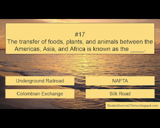 The transfer of foods, plants, and animals between the Americas, Asia, and Africa is known as the ____. Answer choices include: Underground Railroad, NAFTA, Colombian Exchange, Silk Road