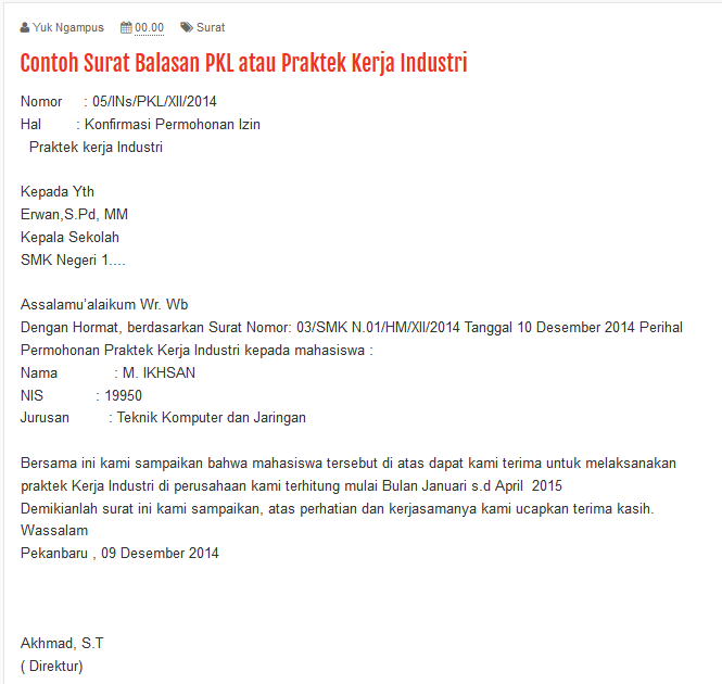 Contoh Surat Balasan PKL atau Praktek Kerja Industri  Yuk 