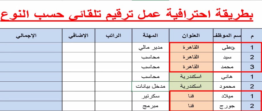 الترقيم التلقائي في الاكسل