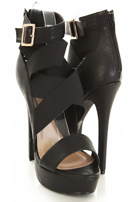 Black Faux Leather Elastic Strappy Open Toe Platform Heels 