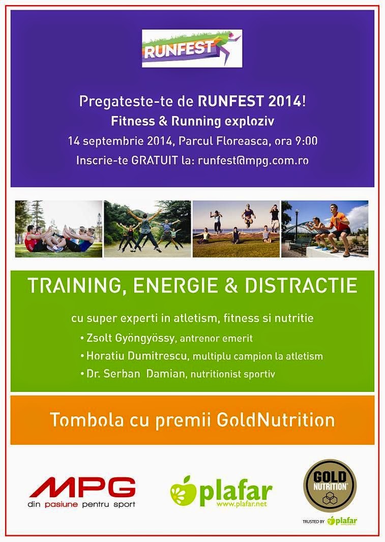 Antrenament pentru RUNFEST 2014. Duminică, 14 septembrie 2014, ora 9, Parcul Floreasca, Bucureşti. Afiş