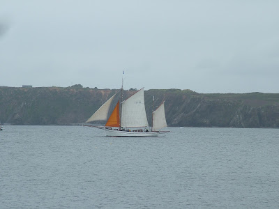 white sailt boat in full sail with green cliff in distance