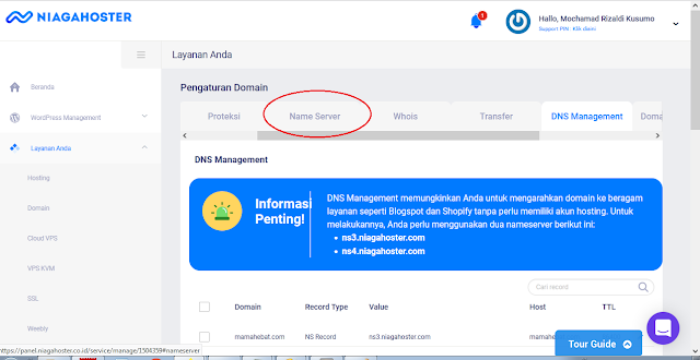 cara mengganti nameserver di niagahoster