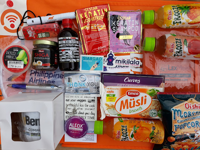 Various stuff from Pushkart, Wizher, Eagle's Wings Ent., Star Keratin and shampoo, Oishi Frooze and Mobster, LexMeet, Curves, Alfox, My Home Care, AFC, Philippine Airlines, Big Benta, Seeker, Mikilala, Food Source.