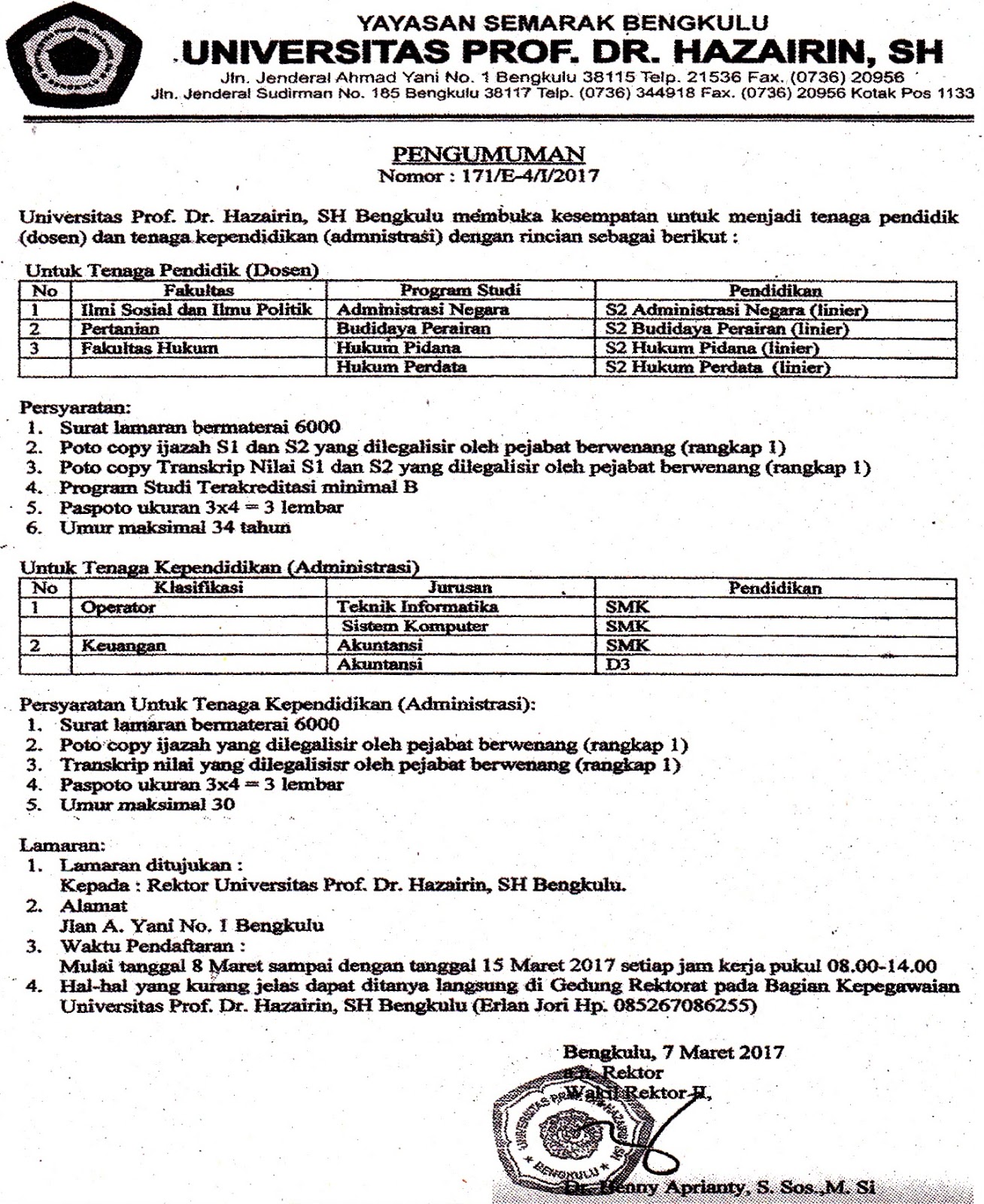 Lowongan Dosen dan Tenaga Kependidikan Universitas Prof 