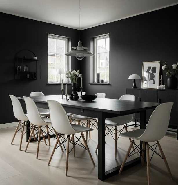 Black-and-white color scheme with a wooden dining table and Eames-style chairs