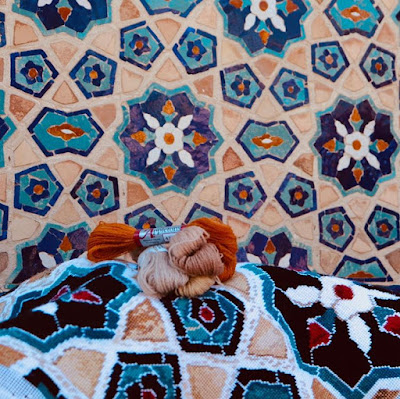 islamic tiles needlepoint tapestry, natalie fisher uzbekistan travels tapestry, uzbek art craft textile tours