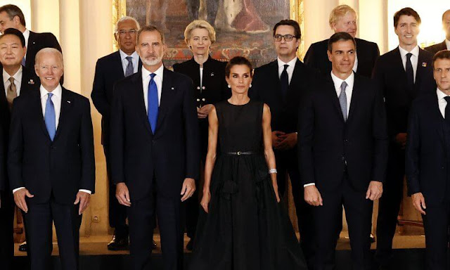 Brigitte Macron, Jill Biden, Justin Trudeau. Queen Letizia wore a black dress by The 2nd Skin Co Spring Summer 2022 collection