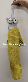 Sweet Nothings Crochet free crochet pattern blog, free crochet pattern for a towel topper, photo of the Owl towel topper,