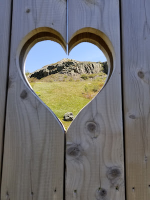 Heart shape carved into fence on grassy green hill.