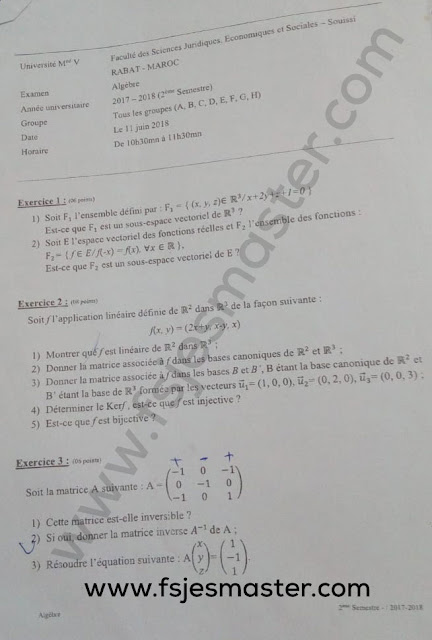 Exemple Examen Licence Epreuve d'Algèbre 2017-2018 - Fsjes Souissi