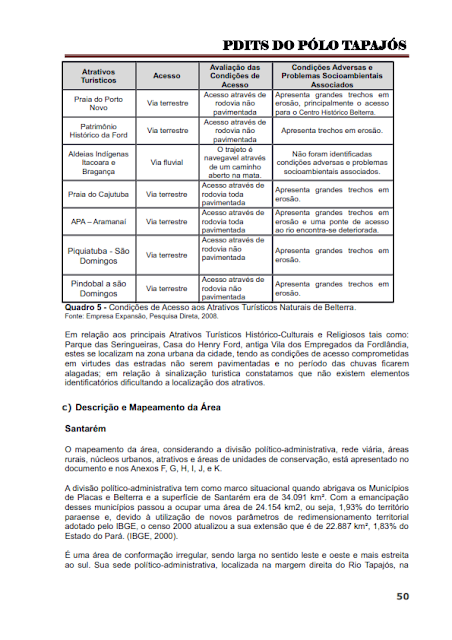 DIAGNÓSTICO DA ÁREA E DAS ATIVIDADES TURÍSTICAS DO PÓLO TAPAJÓS - NOVEMBRO 2010 - PARTE I – PARÁ – BRASIL