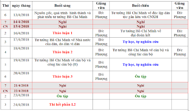 Lịch học từ ngày 13/4/2018 đến ngày 24/4/2018