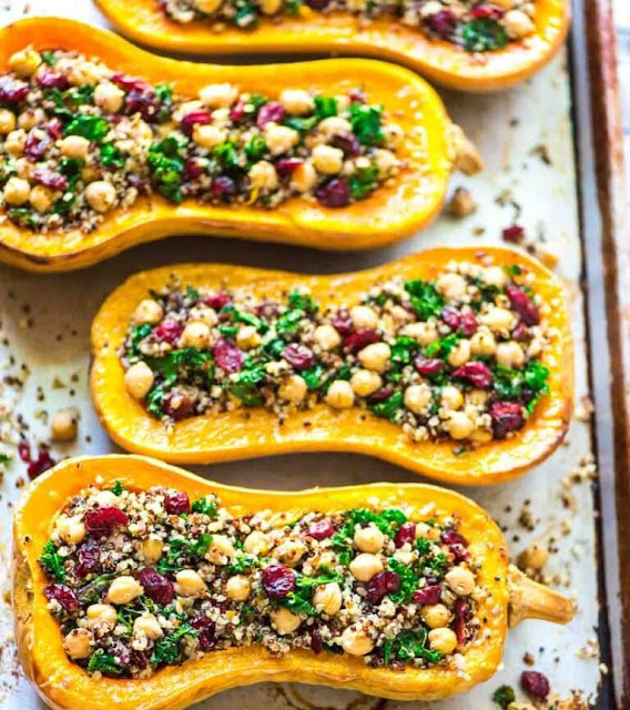 Christmas food ideas, Christmas recipes, Christmas dinner ideas, Christmas dinner recipe, Christmas feast, christmas eve dinner ideas, food recipes, dinner recipes,  Vegetarian Stuffed Butternut Squash with Quinoa and Cranberries