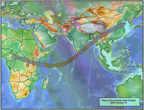 Annular Solar eclipse India 2010 January 14 map