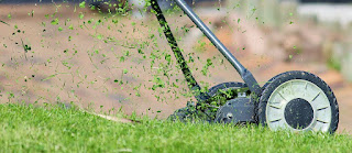 Lawn mower cutting grass with clippings remaining on the lawn, illustrating the concept of grasscycling for eco-friendly lawn care.