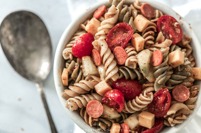 Looking down on bowl of Summer Pasta Salad