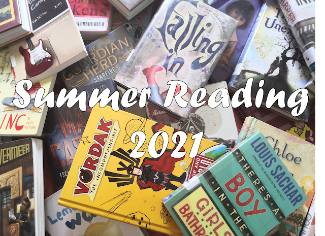 A large pile of middle grade books and text written across them with the words summer reading series 2021