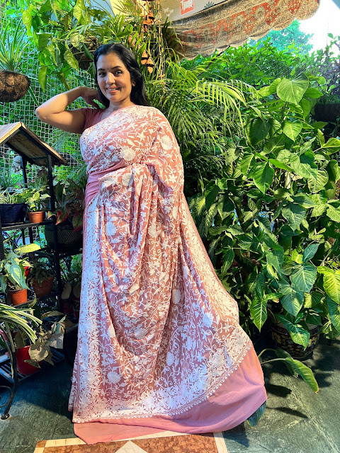 Kashmiri aari work saree in dusty pink colour on pure crepe.